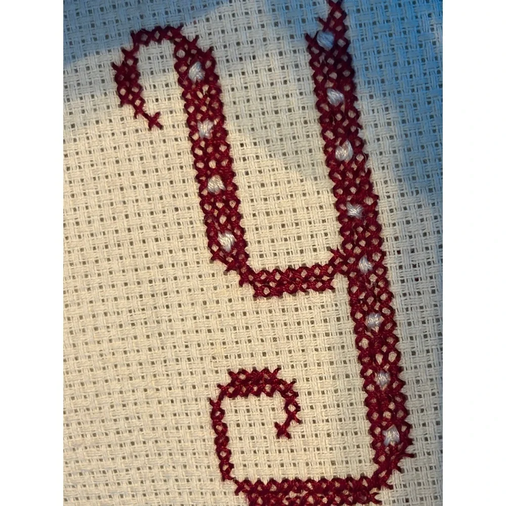 Vintage Handmade Cross Stitch Joy Christmas Pillow Burgundy Ruffle Poinsettia